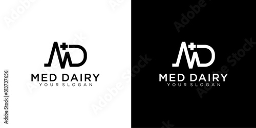 MD letter medicine Logo Design Vector Template. Abstract Alphabet MD with cross logo Illustration