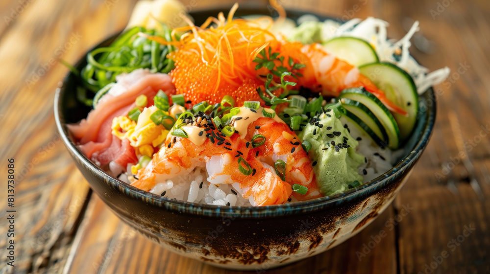 an image of a chirashi sushi bowl on a wooden surface, featuring an assortment of seafood sashimi scattered over sushi rice, garnished with shredded egg, cucumber, and nori strips.