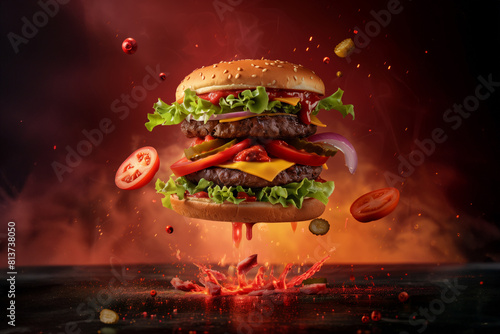 Floating burger isolated on red background with fire. Ingredients of a delicious burger with ground beef patty, lettuce, bacon, onions, tomatoes and cucumbers
