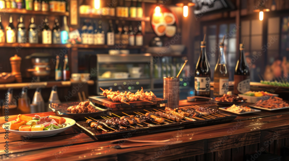 a depiction of a Japanese(pub) scene with a variety of small plates and appetizers spread across a wooden bar counter, including edamame, yakitori skewers, and agedashi tofu, perfect for sharing.
