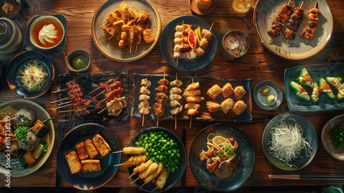 a depiction of a Japanese   pub  scene with a variety of small plates and appetizers spread across a wooden bar counter  including edamame  yakitori skewers  and agedashi tofu  perfect for sharing.