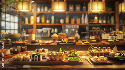 a depiction of a Japanese (pub) scene with a variety of small plates and appetizers spread across a wooden bar counter, including edamame, yakitori skewers, and agedashi tofu, perfect for sharing.
