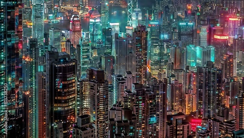 A futuristic cityscape illustration with neon-lit skyscrapers and buildings aglow in vibrant colors, creating a cyberpunk atmosphere of a prosperous and technologically advanced metropolis.