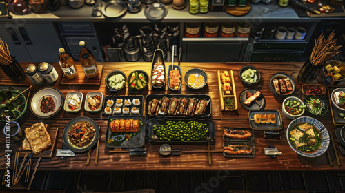 a depiction of a Japanese (pub) scene with a variety of small plates and appetizers spread across a wooden bar counter, including edamame, yakitori skewers, and agedashi tofu, perfect for sharing.