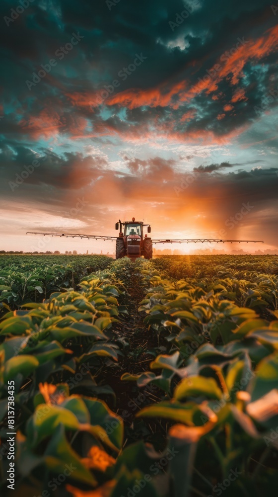 Fototapeta premium Tractor in Action Spraying Pesticides on a Soybean Field