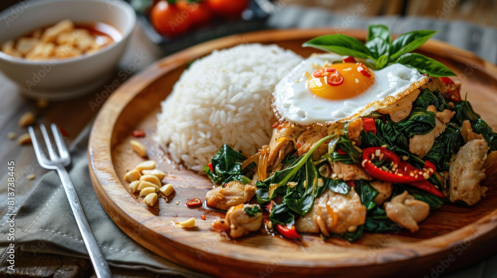 a depiction of a plate of (Thai basil chicken stir-fry) served on a wooden platter, featuring tender chicken cooked with Thai holy basil, garlic, chili peppers, and fish sauce, served a depiction of a plate of (Thai basil chicken stir-fry) served on a wooden platter, featuring tender chicken cooked with Thai holy basil, garlic, chili peppers, and fish sauce, served