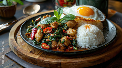 a depiction of a plate of  (Thai basil chicken stir-fry) served on a wooden platter, featuring tender chicken cooked with Thai holy basil, garlic, chili peppers, and fish sauce, served