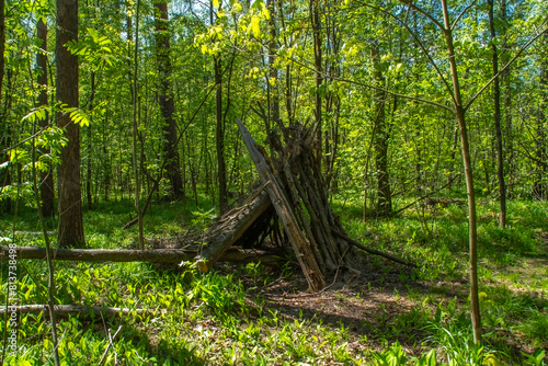 Wooden hut in the forest. A simple dwelling made of branches between trees.