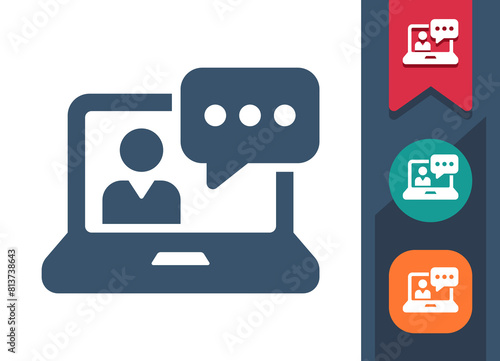 Laptop Icon. Computer, Man, Teacher, Online Course, Video Conference, Chat Bubble, Streaming, Streamer
