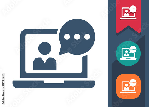 Laptop Icon. Computer, Man, Teacher, Online Course, Video Conference, Chat Bubble, Streaming, Streamer