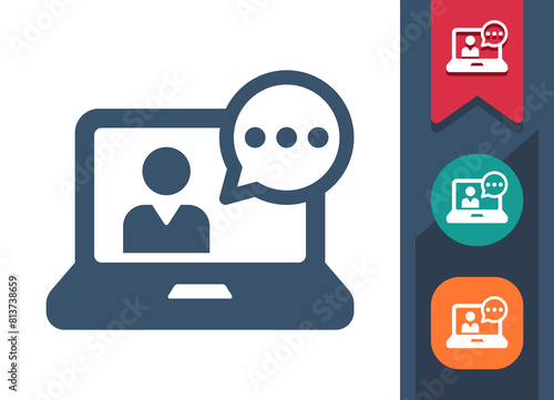 Laptop Icon. Computer, Man, Teacher, Online Course, Video Conference, Chat Bubble, Streaming, Streamer