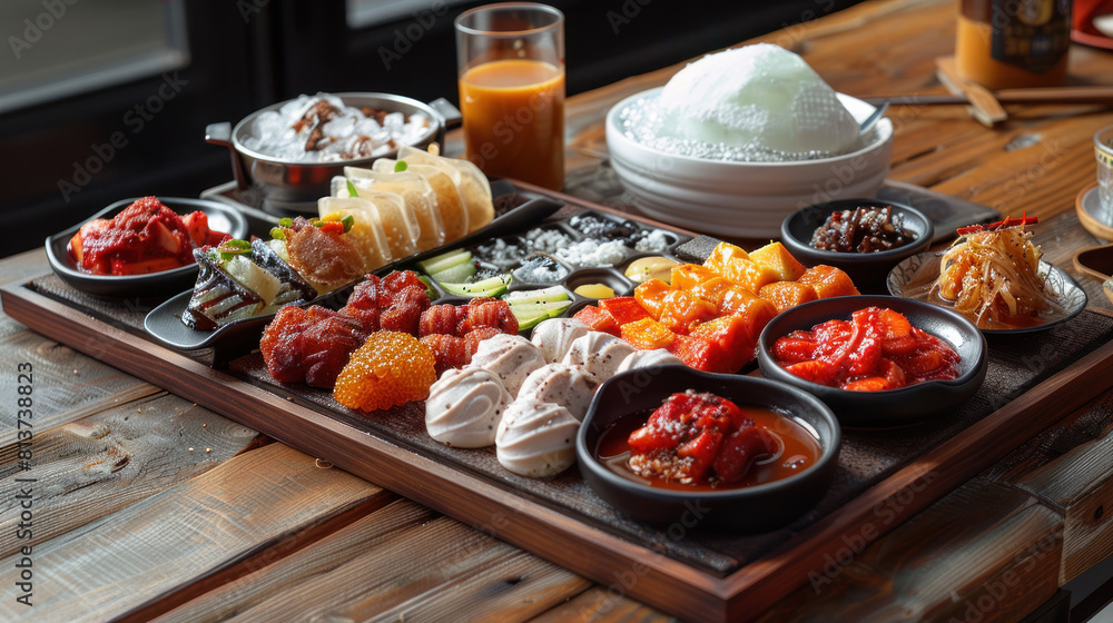 a depiction of a traditional Korean dessert spread on a wooden tray, featuring sweet treats like (sweet pancakes), (shaved ice dessert), and (honey cookies), perfect for satisfying a sweet tooth. a depiction of a traditional Korean dessert spread on a wooden tray, featuring sweet treats like (sweet pancakes), (shaved ice dessert), and (honey cookies), perfect for satisfying a sweet tooth.