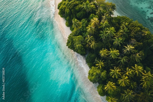 A high-angle view of a tropical island beach with azure waters © Ilia Nesolenyi