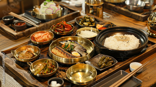 Design a depiction of a traditional Korean table setting   with various dishes served on  and wooden trays  including grilled fish   seasoned vegetables   and steamed rice  showcasing the elegance