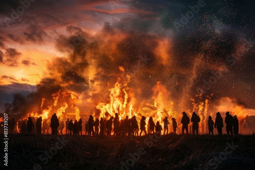 Group of people standing in front of a roaring fire during Valborg bonfire celebration in Sweden