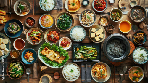 a depiction of a traditional Korean temple cuisine  spread on a wooden floor, featuring vegetarian dishes like mountain vegetables, tofu, and steamed rice, reflecting the simplicity and mindfulness 