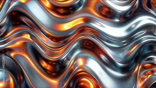 Abstract digital art depicting glossy, undulating metallic waves in warm copper and silver tones, creating a sense of fluid movement and dynamic energy.