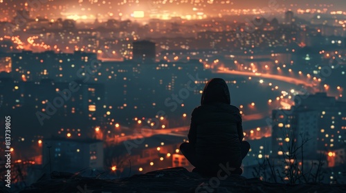 A silhouette of a figure sitting alone at the top of a hill  looking down at the city lights  feeling detached and depressed