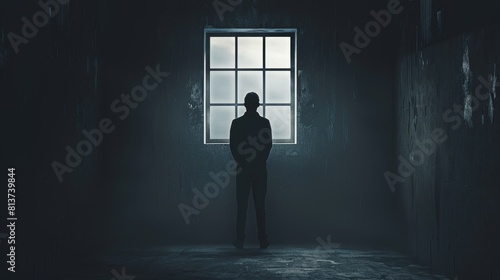 A silhouette of an individual standing in a dark, empty room, looking out a small window, symbolizing confinement and depression photo