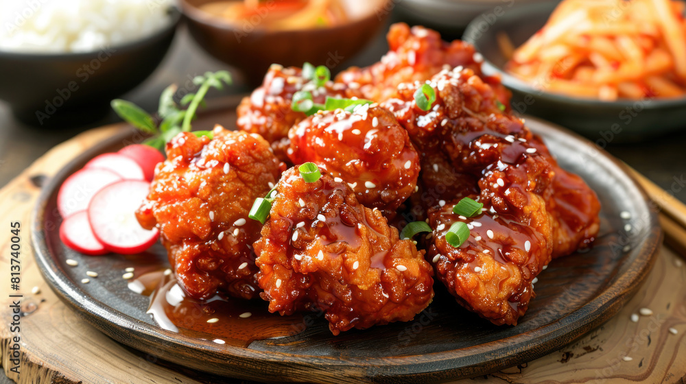 an image of a plate of crispy fried chicken (yangnyeom chicken) glazed with sweet and spicy sauce, served on a wooden platter with pickled radishes and a side of rice, perfect for a casual meal. an image of a plate of crispy fried chicken (yangnyeom chicken) glazed with sweet and spicy sauce, served on a wooden platter with pickled radishes and a side of rice, perfect for a casual meal.
