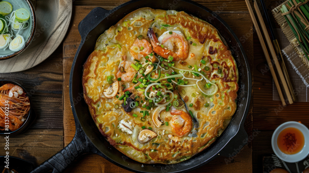 an image of a seafood pancake (haemul pajeon) sizzling on a cast iron skillet set on a wooden counter, filled with a variety of fresh seafood and scallions, perfect for sharing with friends. an image of a seafood pancake (haemul pajeon) sizzling on a cast iron skillet set on a wooden counter, filled with a variety of fresh seafood and scallions, perfect for sharing with friends.