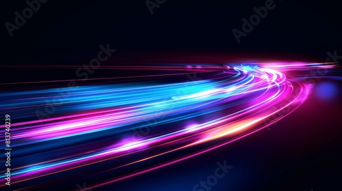 Luminescent pink and blue dynamic trail of fast flare movement. Realistic modern illustration of energy flash driving on black background.