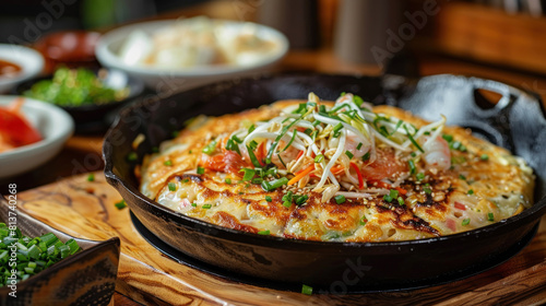 an image of a seafood pancake (haemul pajeon) sizzling on a cast iron skillet set on a wooden counter, filled with a variety of fresh seafood and scallions, perfect for sharing with friends.