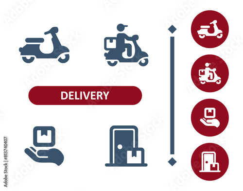 Delivery icons. Delivery man, courier, scooter, hand, box, package, parcel, door, delivering icon