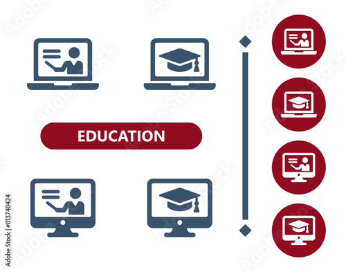 Education icons. School, online courses, tutorial, laptop, computer, teacher, graduation cap, mortarboard icon