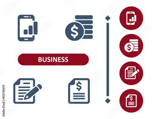 Business icons. Investment, investing, smartphone, mobile phone, graph, coins, contract, tax form icon