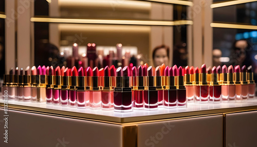 Rows of shades of red lipstick makeup on the cosmetics counter of a beauty products concession of Selfridges department store
 photo