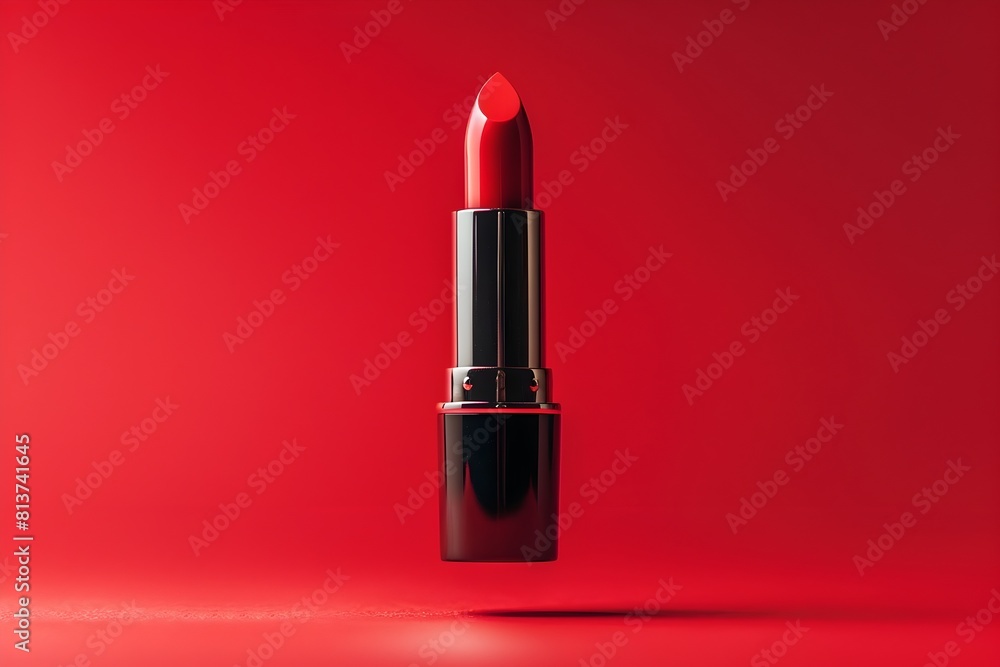 A red lipstick is shown in the air, with the red background emphasizing its color. Concept of glamour and sophistication, as the lipstick is a popular beauty product often associated with confidence A red lipstick is shown in the air, with the red background emphasizing its color. Concept of glamour and sophistication, as the lipstick is a popular beauty product often associated with confidence