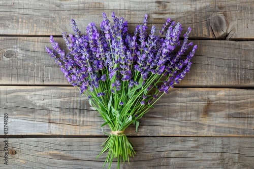 A collection of freshly harvested lavender flowers lying on a wooden surface  creating a rustic and natural display