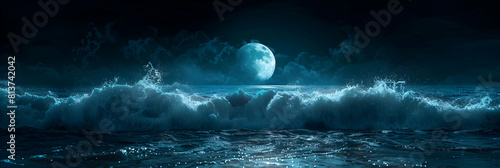 Mystical Midnight: Waves Crashing on a Dark Beach with Blue Glow Photo Realistic Concept on Adobe Stock