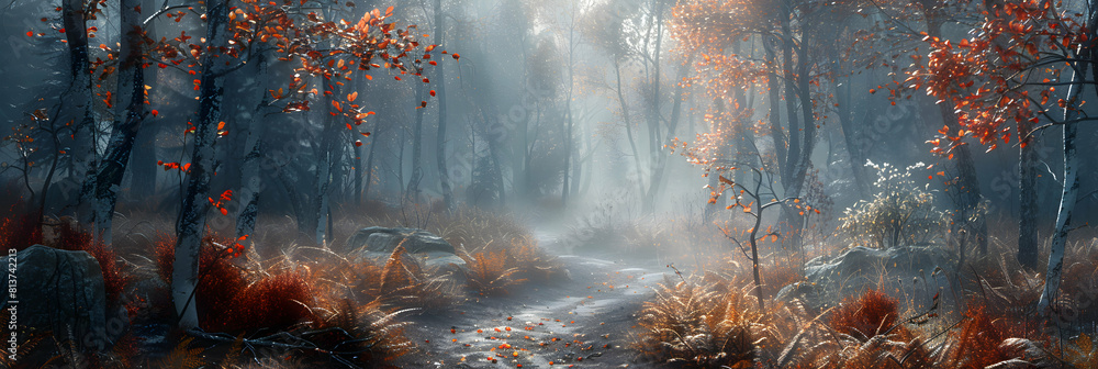 Misty Autumn Forest Path: A Captivating Journey Through Vibrant Reds and Oranges in a Photo Realistic Stock Concept