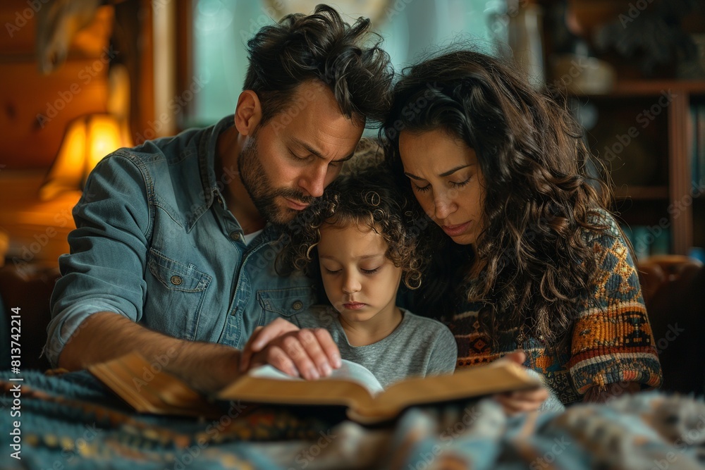 This touching image captures a family in a moment of prayerful reflection, kneeling together with an open Bible nearby. The scene radiates reverence, love, and unity as the family seeks spiritual guid