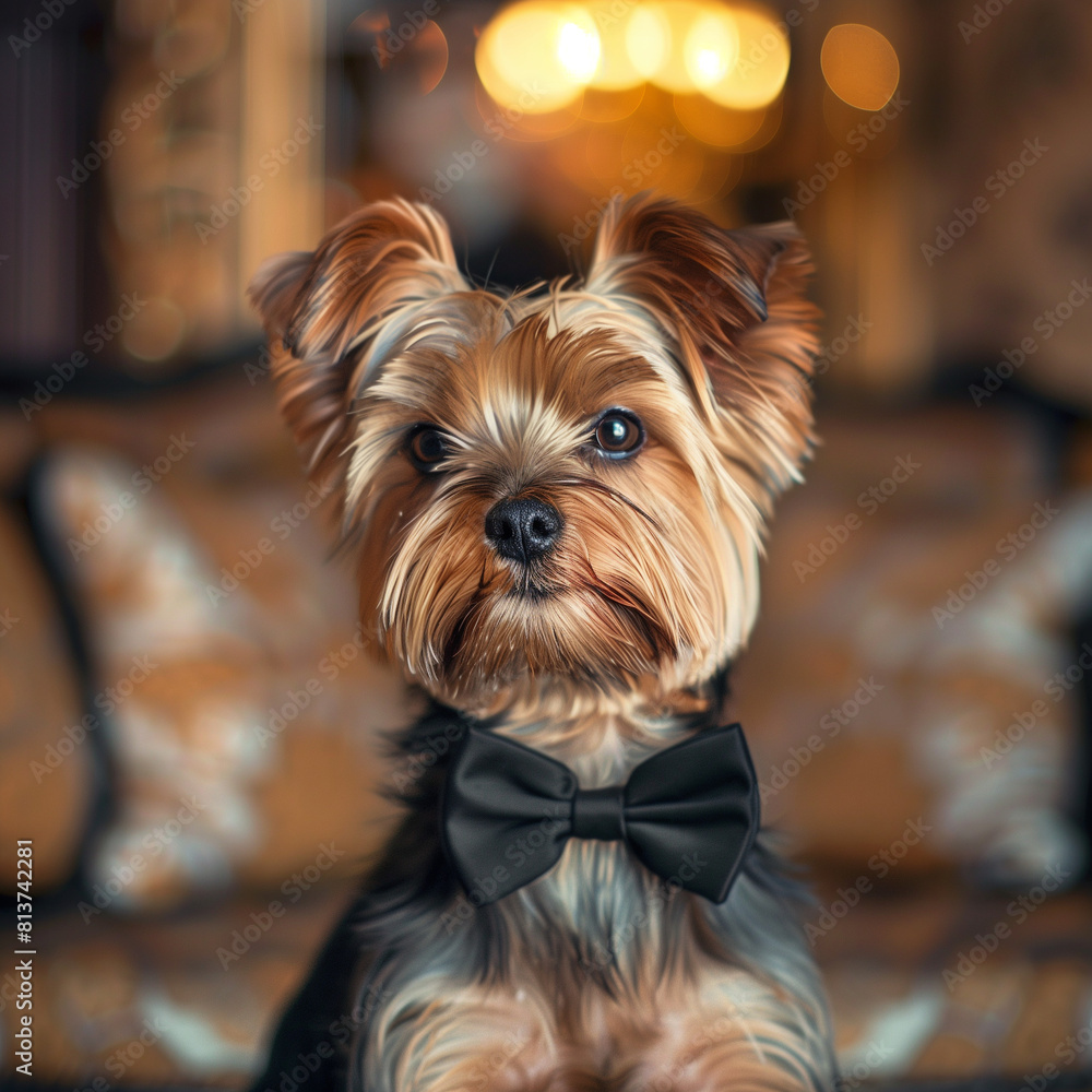 Adorable Yorkshire Terrier in Black Bow Tie Indoors with Warm Lighting Adorable Yorkshire Terrier in Black Bow Tie Indoors with Warm Lighting