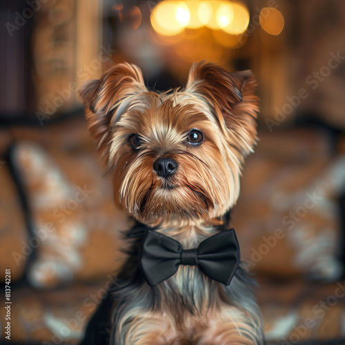 Adorable Yorkshire Terrier in Black Bow Tie Indoors with Warm Lighting