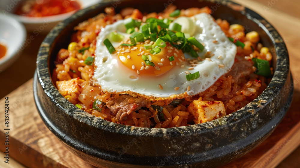 an image of a bowl of hot and spicy kimchi fried rice served in a stone bowl on a wooden surface, packed with tangy kimchi, pork, and vegetables, topped with a fried egg. an image of a bowl of hot and spicy kimchi fried rice served in a stone bowl on a wooden surface, packed with tangy kimchi, pork, and vegetables, topped with a fried egg.
