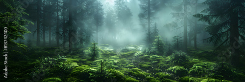 Magnificent Misty Morning: Photo Realistic Depiction of an Enchanting Old Growth Forest Shrouded in Mystery and Ancient Allure