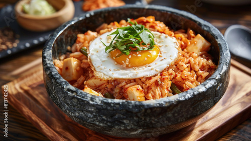 an image of a bowl of hot and spicy kimchi fried rice served in a stone bowl on a wooden surface, packed with tangy kimchi, pork, and vegetables, topped with a fried egg.