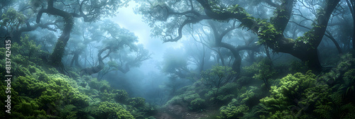 Mystical Morning in Enigmatic Old Growth Forest: Enhancing the Ancient Allure with a Misty Aura Photo Realistic Concept