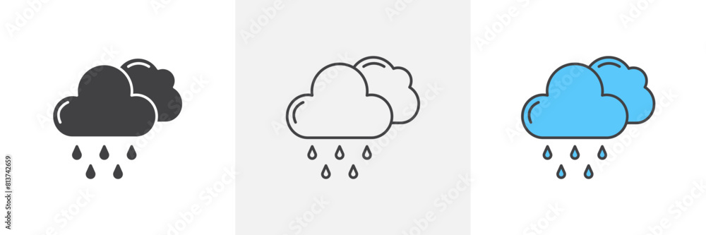 Rain icon set. Rainy cloud weather forecast icons. Rain icon set. Rainy cloud weather forecast icons.