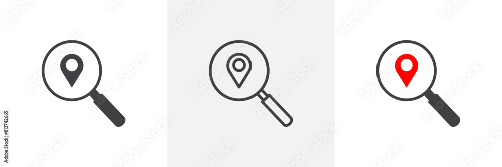 Search location icon set. Icons for location pins and magnifying glasses, place finding.