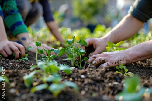 Closeup of individuals planting saplings together in a community garden
