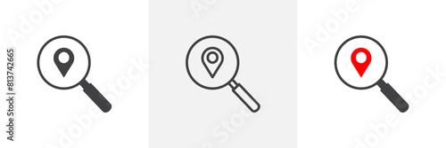Search location icon set. Icons for location pins and magnifying glasses, place finding.