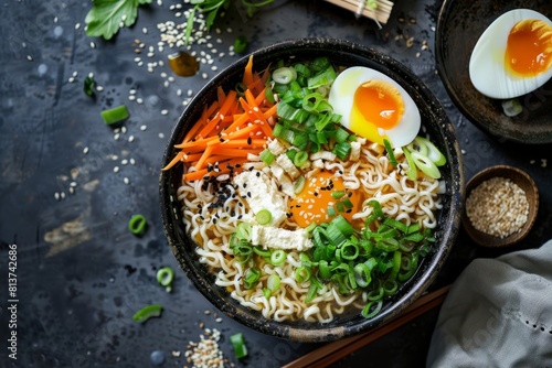 A bowl of ramen featuring noodles, egg, and carrots