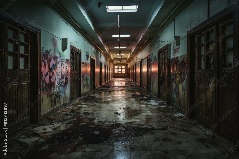 A desolate hallway with urban graffiti, eerie shadows, and flickering lights, evoking a post-apocalyptic scene