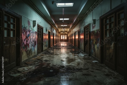 A desolate hallway with urban graffiti  eerie shadows  and flickering lights  evoking a post-apocalyptic scene