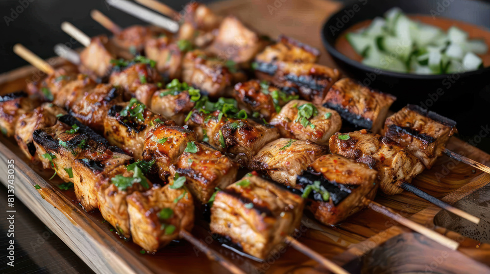 an image of a platter of Thai satay skewers arranged on a wooden serving board, featuring grilled chicken, beef, or tofu marinated in a blend of Thai spices, served with peanut sauce 